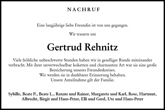 Traueranzeige von Gertrud Rehnitz von Haller Tagblatt