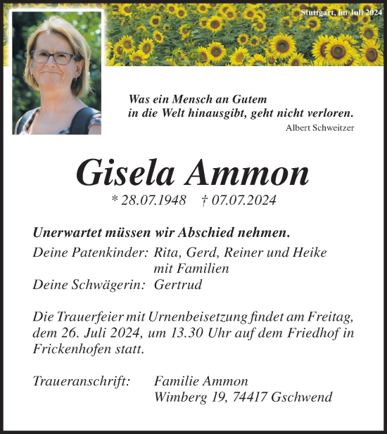 Traueranzeige von Gisela Ammon von Rundschau Gaildorf