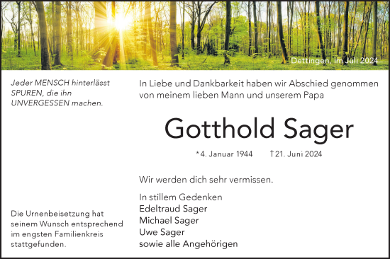 Traueranzeige von Gotthold Sager von Alb-Bote/Metzinger-Uracher Volksblatt