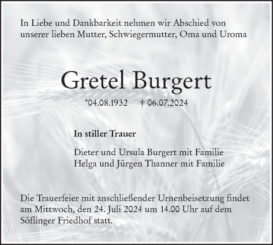 Traueranzeige von Gretel Burgert von SÜDWEST PRESSE Ausgabe Ulm/Neu-Ulm