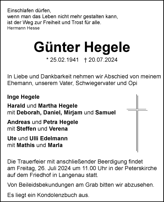 Traueranzeige von Günter Hegele von SÜDWEST PRESSE Ausgabe Ulm/Neu-Ulm