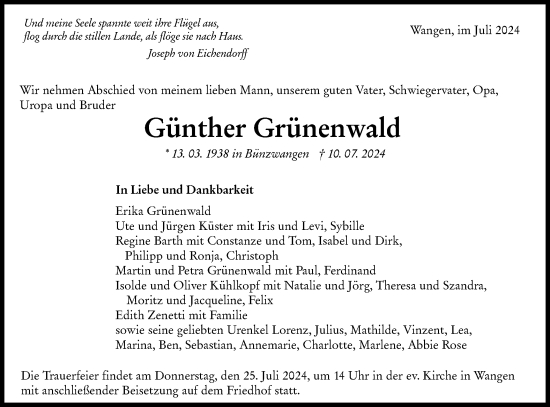 Traueranzeige von Günther Grünenwald von NWZ Neue Württembergische Zeitung