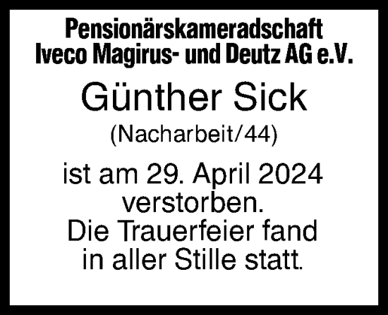 Traueranzeige von Günther Sick von SÜDWEST PRESSE Ausgabe Ulm/Neu-Ulm