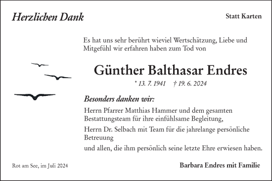 Traueranzeige von Günther Balthasar Endres von Hohenloher Tagblatt