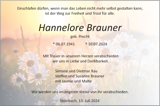 Traueranzeige von Hannelore Brauner von Haller Tagblatt