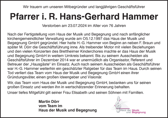 Traueranzeige von Hans-Gerhard Hammer von Hohenloher Tagblatt