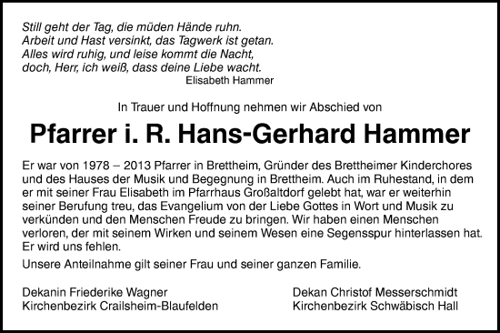 Traueranzeige von Hans-Gerhard Hammer von Hohenloher Tagblatt/Haller Tagblatt