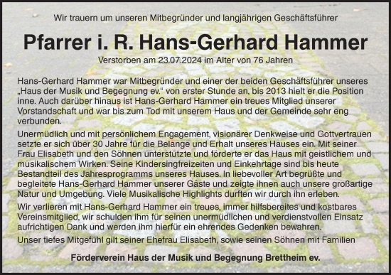 Traueranzeige von Hans-Gerhard Hammer von Hohenloher Tagblatt