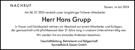 Traueranzeige von Hans Grupp von NWZ Neue Württembergische Zeitung