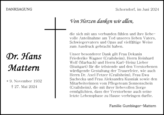 Traueranzeige von Hans Mattern von Hohenloher Tagblatt