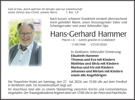 Traueranzeige von Hans Gerhard  Hammer von Hohenloher Tagblatt/Haller Tagblatt