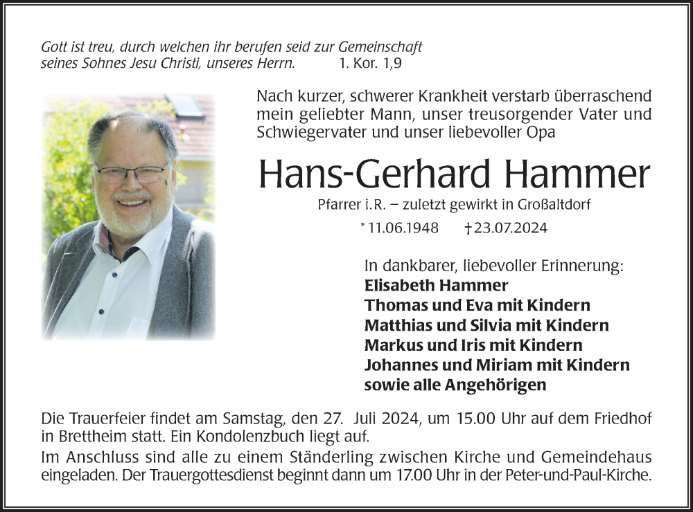  Traueranzeige für Hans Gerhard  Hammer vom 25.07.2024 aus Hohenloher Tagblatt/Haller Tagblatt