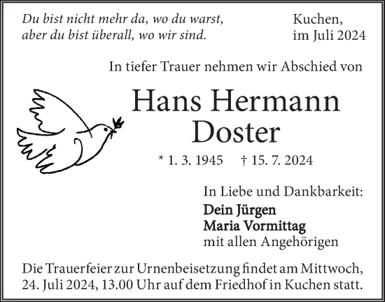 Traueranzeige von Hans Hermann Doster von Geislinger Zeitung