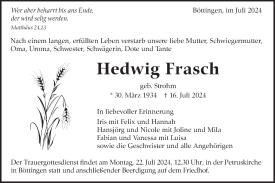 Traueranzeige von Hedwig Frasch von Alb-Bote/Metzinger-Uracher Volksblatt