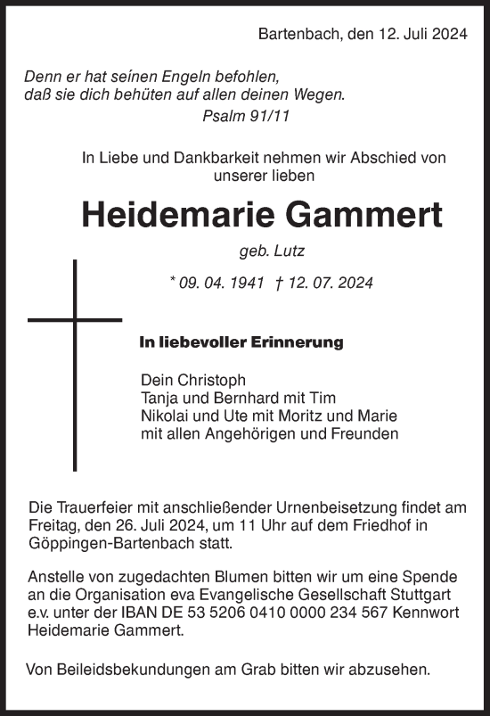 Traueranzeige von Heidemarie Gammert von NWZ Neue Württembergische Zeitung