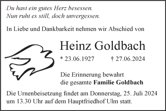 Traueranzeige von Heinz Goldbach von SÜDWEST PRESSE Ausgabe Ulm/Neu-Ulm