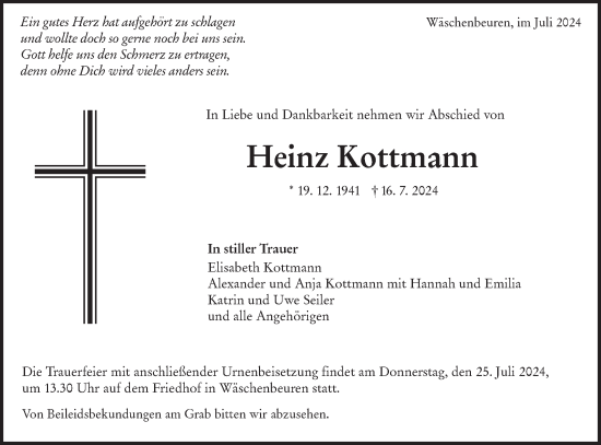 Traueranzeige von Heinz Kottmann von NWZ Neue Württembergische Zeitung