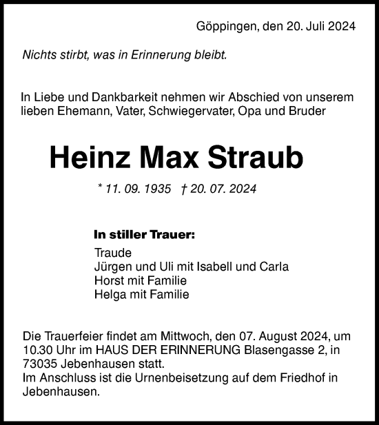 Traueranzeige von Heinz Max Straub von NWZ Neue Württembergische Zeitung