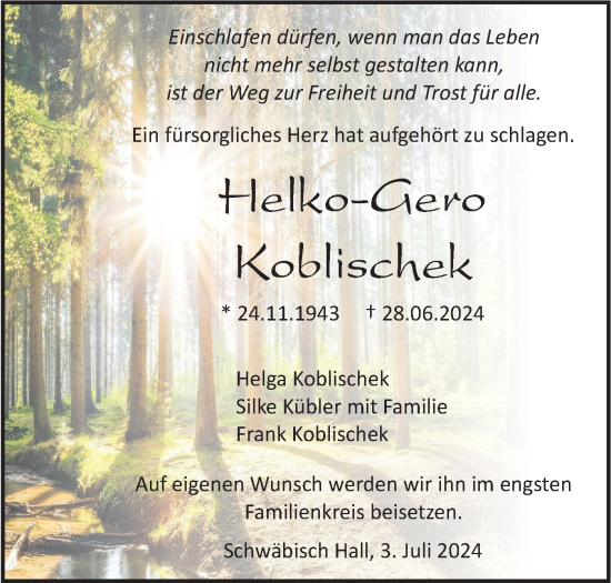 Traueranzeige von Helko-Gero Koblischek von Haller Tagblatt