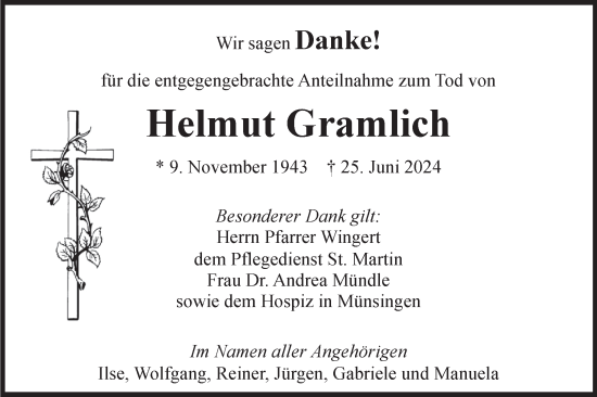 Traueranzeige von Helmut Gramlich von Alb-Bote/Metzinger-Uracher Volksblatt