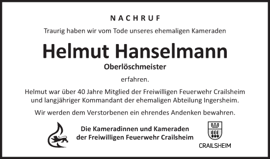 Traueranzeige von Helmut Hanselmann von Hohenloher Tagblatt