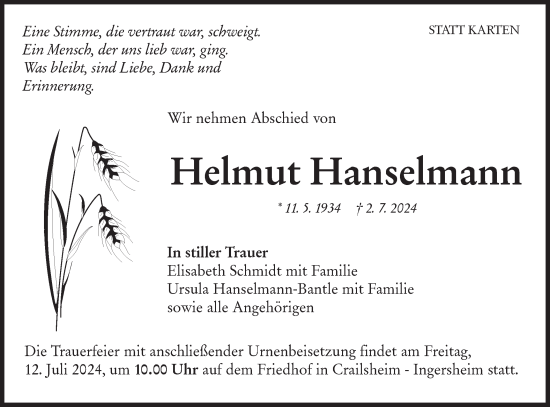 Traueranzeige von Helmut Hanselmann von Hohenloher Tagblatt