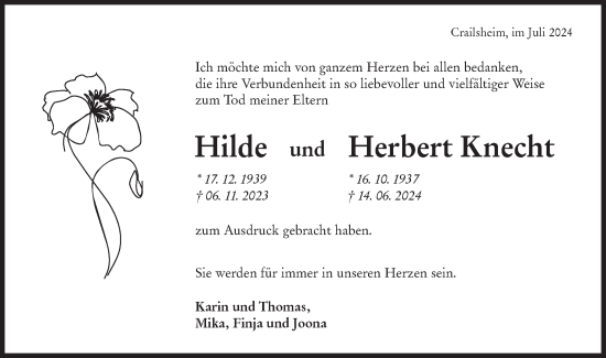 Traueranzeige von Herbert Knecht von Hohenloher Tagblatt