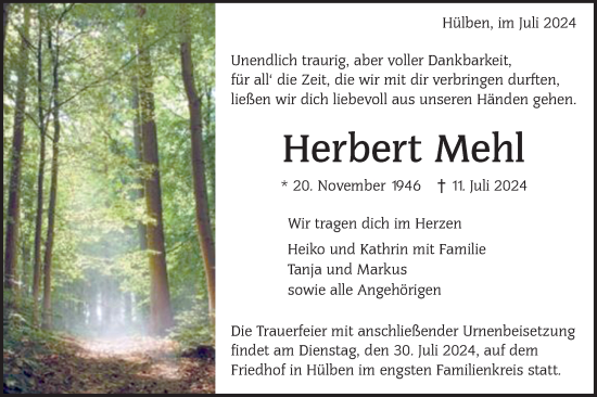 Traueranzeige von Herbert Mehl von Alb-Bote/Metzinger-Uracher Volksblatt