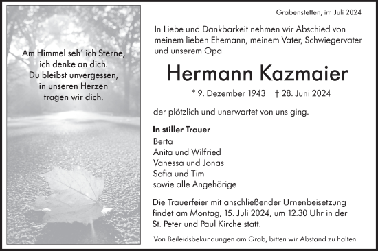 Traueranzeige von Hermann Kazmaier von Alb-Bote/Metzinger-Uracher Volksblatt