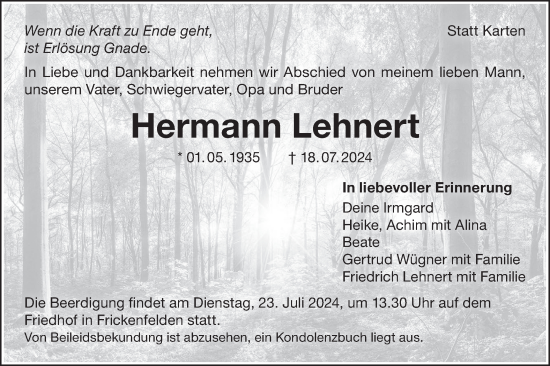 Traueranzeige von Hermann Lehnert von Hohenloher Tagblatt