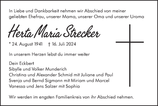 Traueranzeige von Herta Maria Strecker von SÜDWEST PRESSE Ausgabe Ulm/Neu-Ulm