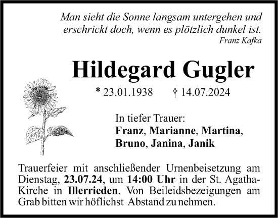 Traueranzeige von Hildegard Gugler von SÜDWEST PRESSE Ausgabe Ulm/Neu-Ulm