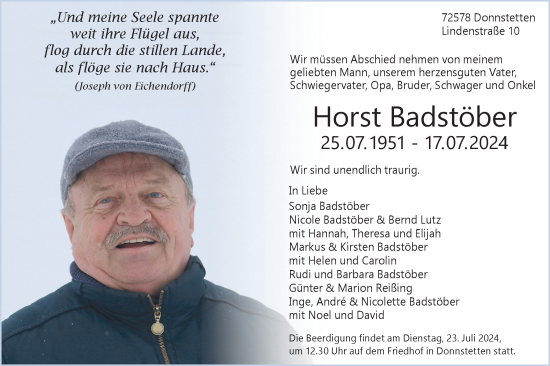 Traueranzeige von Horst Badstöber von Alb-Bote/Metzinger-Uracher Volksblatt