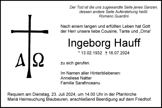 Traueranzeige von Ingeborg Hauff von SÜDWEST PRESSE Ausgabe Ulm/Neu-Ulm
