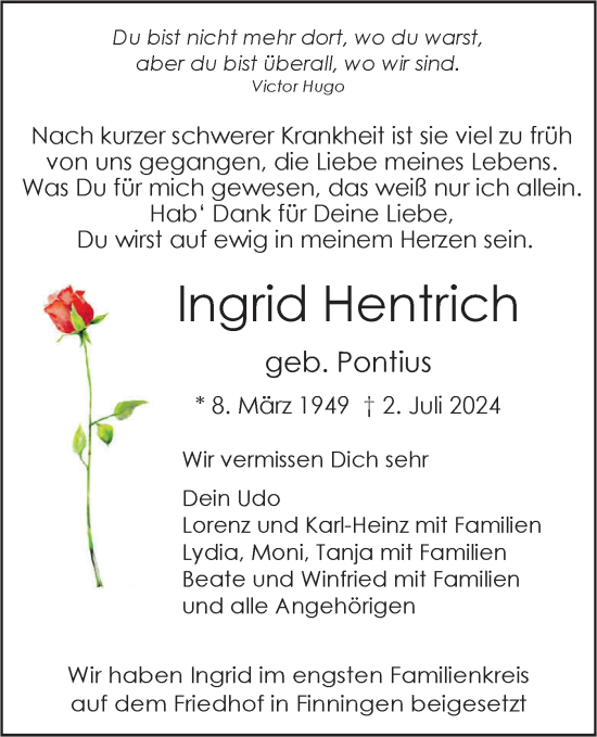 Traueranzeige von Ingrid Hentrich von SÜDWEST PRESSE Ausgabe Ulm/Neu-Ulm