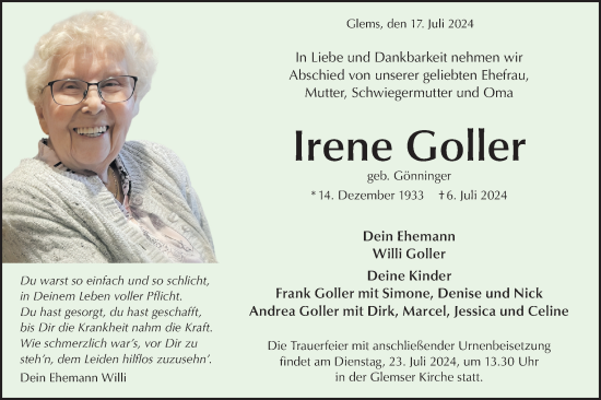 Traueranzeige von Irene Goller von Alb-Bote/Metzinger-Uracher Volksblatt