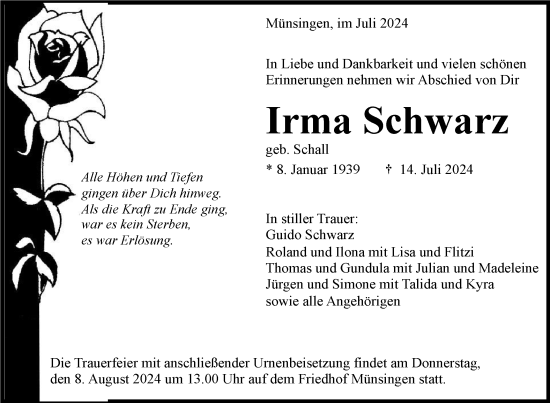 Traueranzeige von Irma Schwarz von Alb-Bote/Metzinger-Uracher Volksblatt