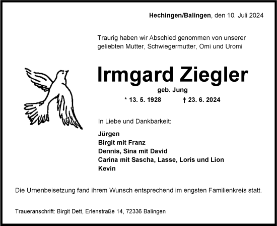 Traueranzeige von Irmgard Ziegler von SÜDWEST PRESSE Zollernalbkreis/Hohenzollerische Zeitung