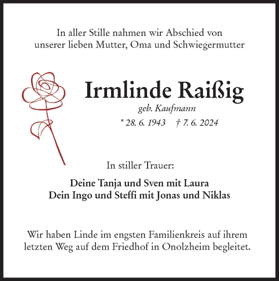 Traueranzeige von Irmlinde Raißig von Hohenloher Tagblatt