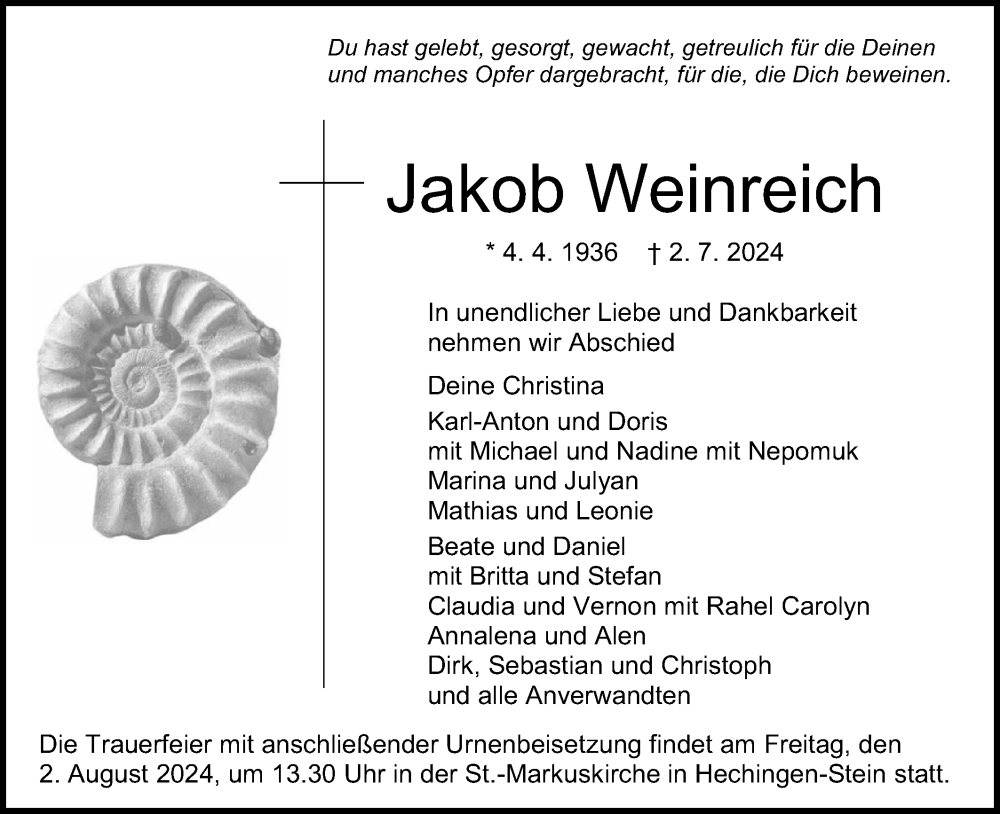  Traueranzeige für Jakob Weinreich vom 06.07.2024 aus SÜDWEST PRESSE Zollernalbkreis/Hohenzollerische Zeitung