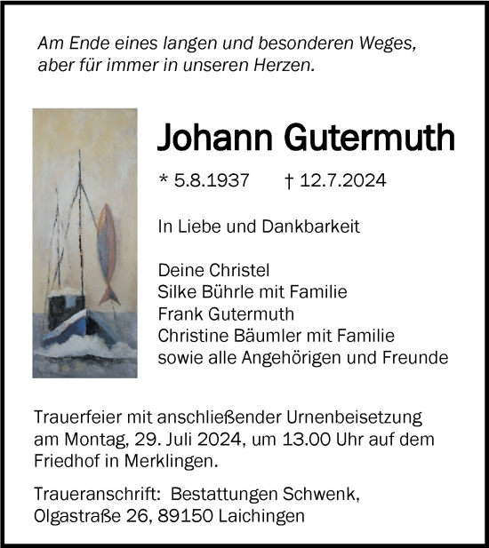Traueranzeige von Johann Gutermuth von SÜDWEST PRESSE Ausgabe Ulm/Neu-Ulm