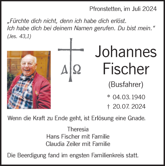 Traueranzeige von Johannes Fischer von Alb-Bote/Metzinger-Uracher Volksblatt