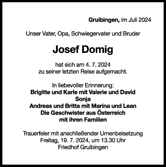 Traueranzeige von Josef Domig von NWZ Neue Württembergische Zeitung