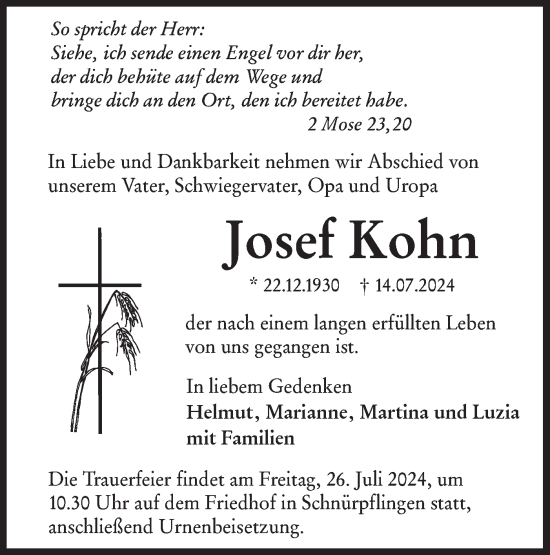 Traueranzeige von Josef Kohn von SÜDWEST PRESSE Ausgabe Ulm/Neu-Ulm