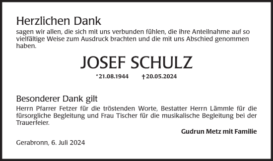 Traueranzeige von Josef Schulz von Hohenloher Tagblatt