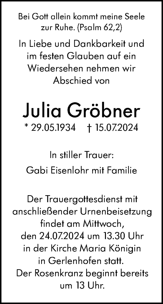 Traueranzeige von Julia Gröbner von SÜDWEST PRESSE Ausgabe Ulm/Neu-Ulm/SÜDWEST PRESSE Ausgabe Ulm/Neu-Ulm