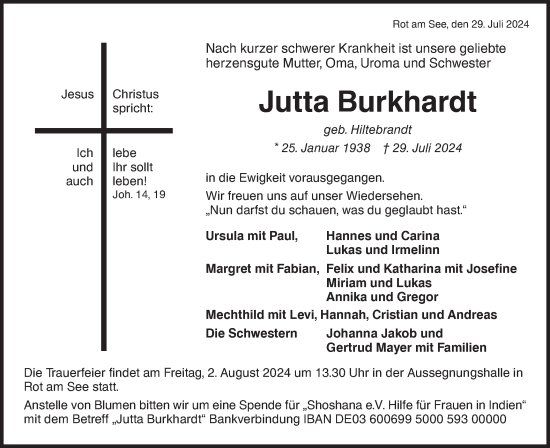 Traueranzeige von Jutta Burkhardt von Hohenloher Tagblatt