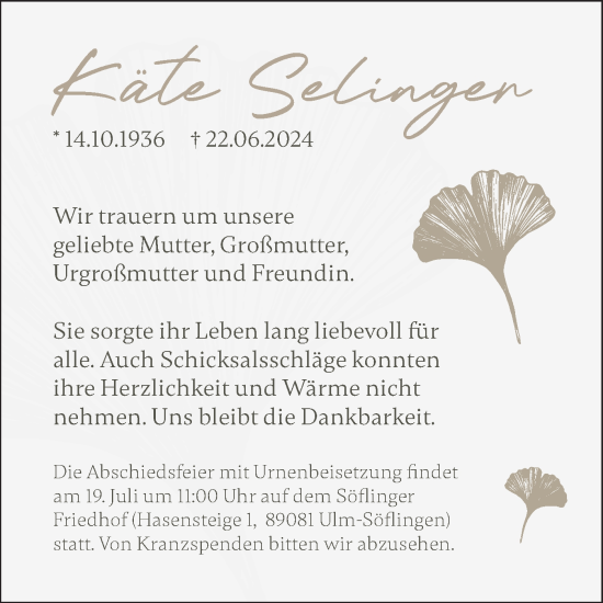 Traueranzeige von Käte Selinger von SÜDWEST PRESSE Ausgabe Ulm/Neu-Ulm