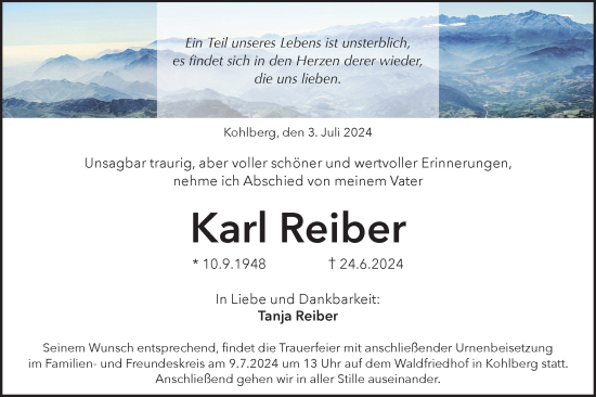 Traueranzeige von Karl Reiber von Alb-Bote/Metzinger-Uracher Volksblatt