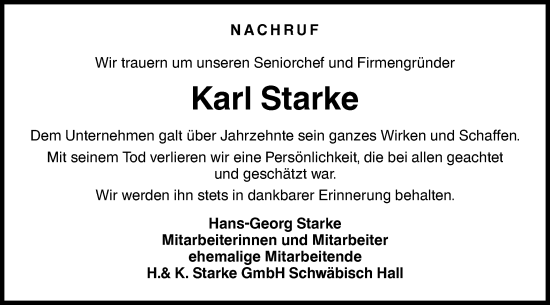 Traueranzeige von Karl Starke von Haller Tagblatt